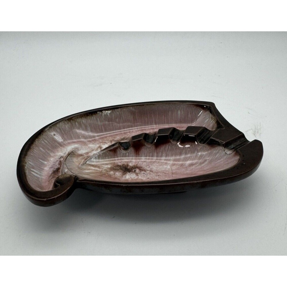 Vintage Art Pottery Paisly-shaped Ashtray Brown Pink 6” x  4 1/2”